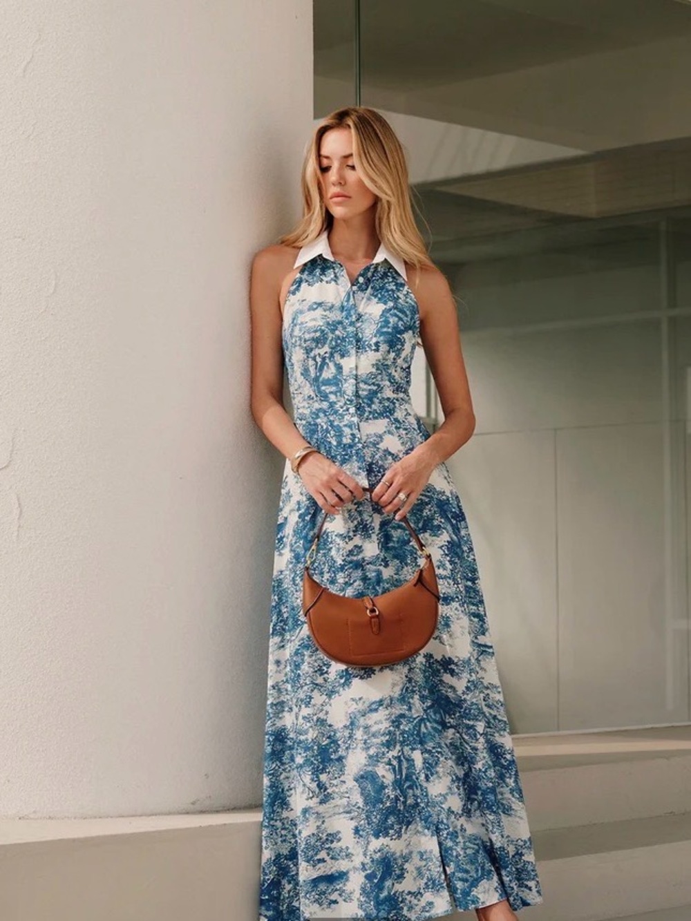 Commense Blue & White Collared Halter Maxi Dress